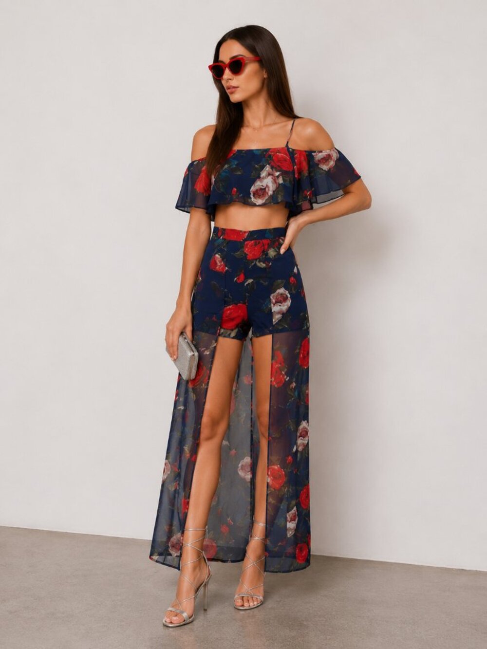 Blue Red Floral Two Piece Skort Set Crop Top Vacation NWT